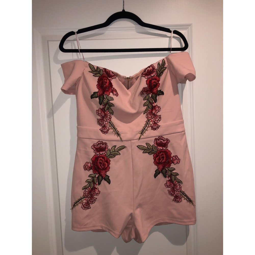 Pink rose embroidered romper